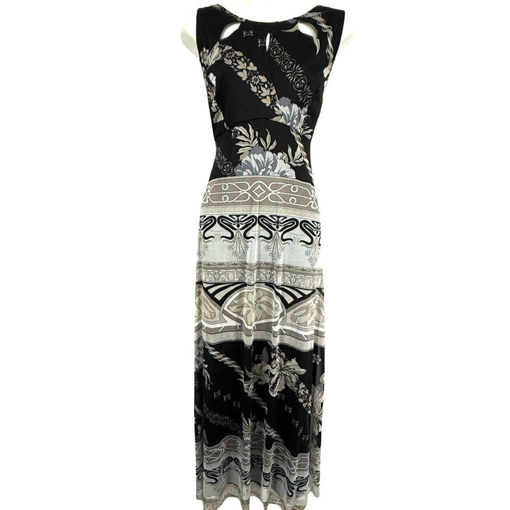 Elana Kattan Blck Maxi Floral Sleeveless Dress USA Made Empire Waist sz Large